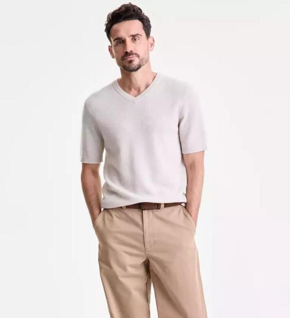 Club Room Luxury Men's Cashmere Textured V-Neck S/S Knit T-Shirt Top Sweater Med